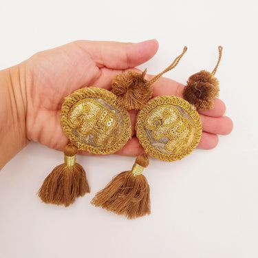 Set of 2 Hand Embroidered Tassels, Brown and Gold Tassels, Indian Tassels